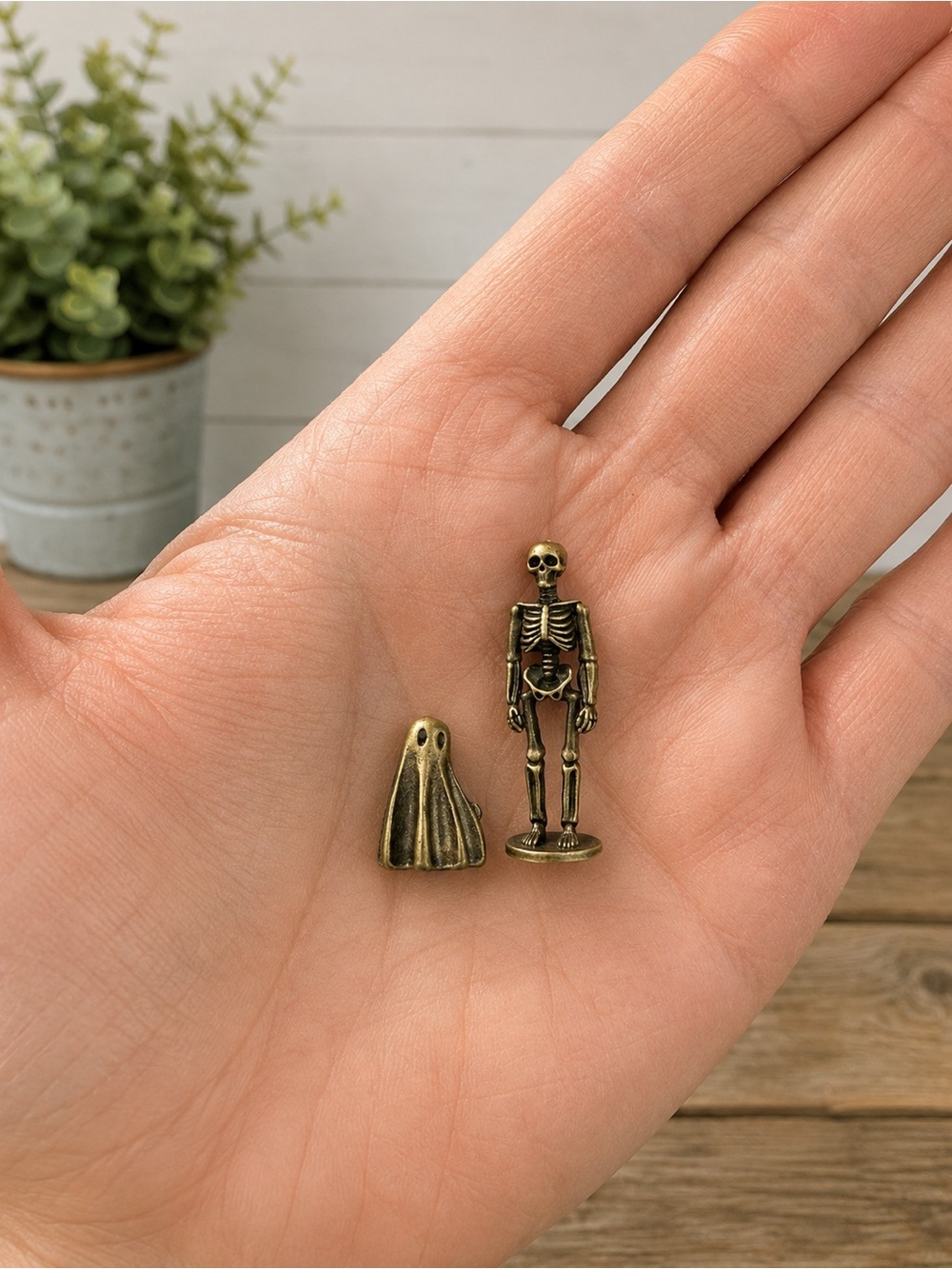 Antique Bronze Mini Skeleton and Ghost Figurine Set